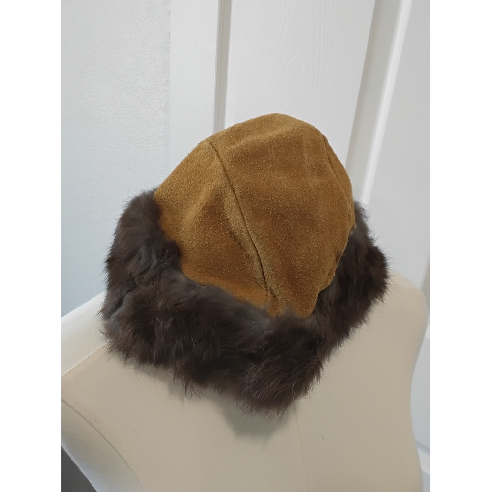 Vintage Tan Suede Real Fur Trim Trapper Hat Brown Ushanka Winter Cap Accessory